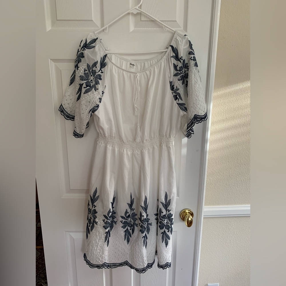 White Embroidered Peasant Dress with Navy Floral Detail